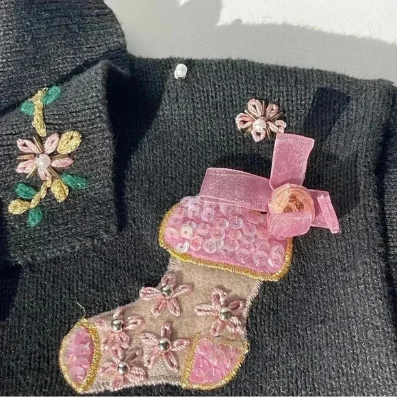BP Design Cardigan Black Christmas Stockings Design Bead Collared Buttons Size L - Picture 6 of 12
